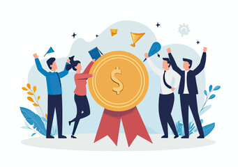 Business team celebrating financial success with large gold medal, dollar sign award, and corporate achievement recognition in flat vector style
