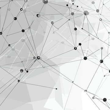 Abstract grey network of interconnected nodes and polygonal lines with geometric low poly background representing connection structure and digital communication concept vector illustration