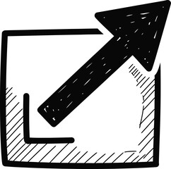 PrintHand-drawn simple arrow pointing out of a box icon, doodle solid black on white, indicating export or exit, quick action sketch