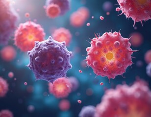 Microscopic view of infectious virus cells, purple and pink pathogens float in blue liquid. Microbes causing disease spread in body fluid. Medical concept for illness or pandemia.