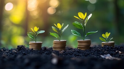 Stunning concept of growing wealth and investment success shown by vibrant green sprouts emerging from stacked gold coins in rich soil