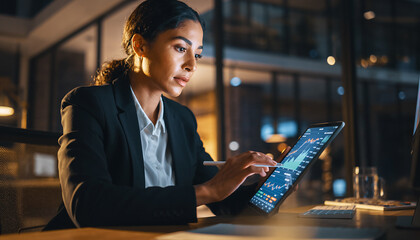Businesswoman Working Late on Tablet Analyzing Financial Data in Modern Office, Evening Time, Stock Market Analysis.