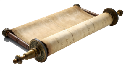 Antique parchment scroll isolated on transparent background, Vintage rolled manuscript with wooden handles PNG cutout, Old paper scroll with brass details isolated