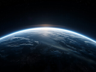 Fototapeta premium distant satellite orbiting high above Earth, full planet visible with blue oceans and white clouds, glowing atmosphere ring, stars in the background, ultra realistic, 8k, cinematic wide perspective, p