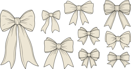 Beige bow illustration set, decorative ribbon styles for fashion, gift wrapping, crafts, clipart bundle