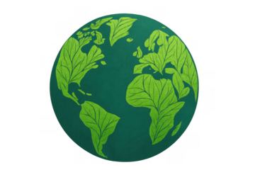 Green globe showing continents shaped by leaves, symbolizing environmental protection, nature, ecology, and sustainable living. Transparent background