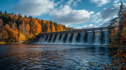 Experience the breathtaking view of a serene waterfall cascade at a dam, beautifully surrounded by lush greenery