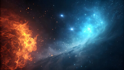 Celestial nebula fusion of contrasting fiery red and cool blue