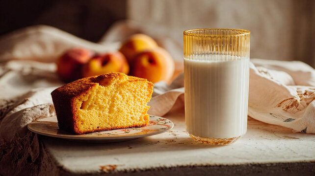 Pastel, melocotones y baso de leche