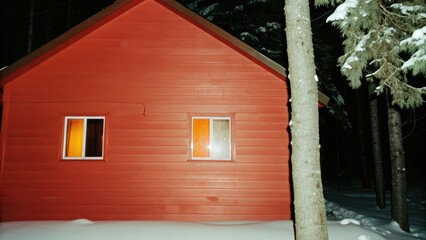 Dark Chirstmas Red cabin in snowy woods at night with illuminated windows.