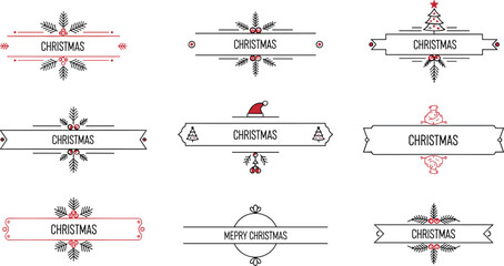Christmas banner icon set, festive text designs with holly, Santa, tree, stocking, minimal red black white clipart bundle
