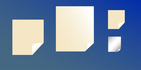 sheets of  paper with  curved edge set . Collection of folded sticky notes. Blank post-it notes stuck in order on a blue background .
