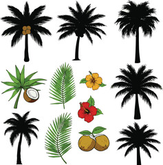 Obraz premium Create a Palm trees silhouette clipart set. Coconut tropical tree drawing clip art icon in color hand drawn elements collection vector illustration