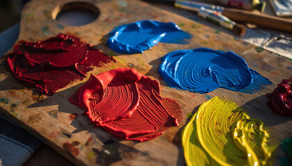 Artist's Palette with Vibrant Oil Paints, Brushes and Wood Texture  Art Supplies for Painting and Creativity.