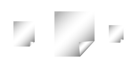 white twisted poster on a shelf. Set paper stickers isolated on white background. White Rectangle Stickers with Corner Peels isolated on transparent background. Blank transparent square stickers .
