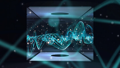 Futuristic 3D Visualization of Data Waves Inside a Virtual Room, Glowing Particles, Abstract Technology, AI Concept.