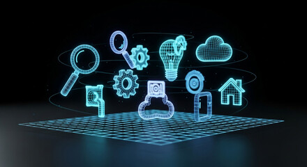 Stunning blue wireframe icons representing digital services float above a glowing grid in a dark tech environment