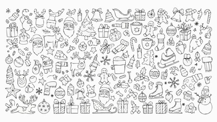 A large collection of hand drawn Christmas and winter holiday doodles.