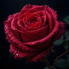 &ldquo;Close-Up Macro Shot of a Red Rose Covered in Dew Drops Against Dark Background &ndash; High-Detail Floral Photography, Romantic Nature Bloom&rdquo;
