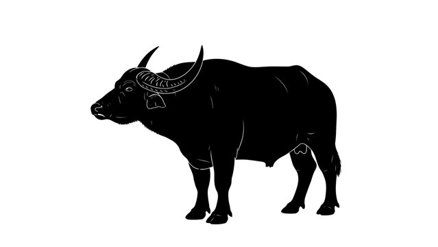 Single black buffalo silhouette, isolated on white background