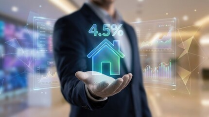 Businessman displaying holographic house with 4.5 percent rate and financial charts in blurred office background