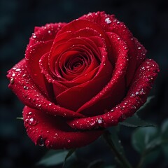 &ldquo;Close-Up Macro Shot of a Red Rose Covered in Dew Drops Against Dark Background &ndash; High-Detail Floral Photography, Romantic Nature Bloom&rdquo;