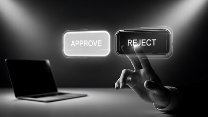 Digital hand pressing REJECT button. Concept of tough decisions, approval process, choice, and business selection.