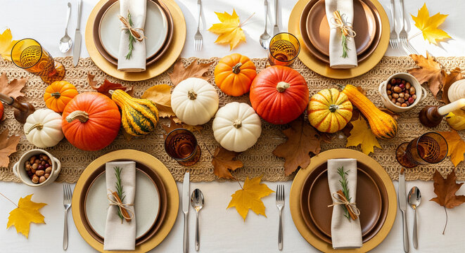 Overhead view of a vibrant autumnal or Thanksgiving table setting. The centerpiece features a mix of orange and white pumpkins and gourds on a burlap runner, surrounded by colorful fallen leaves - Powered by Adobe