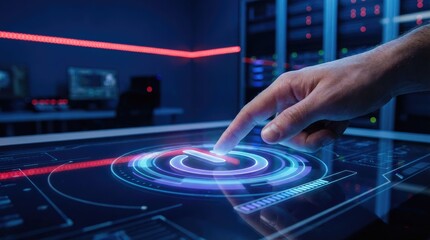 Finger touching a glowing circular power button on a futuristic interactive touchscreen display technology