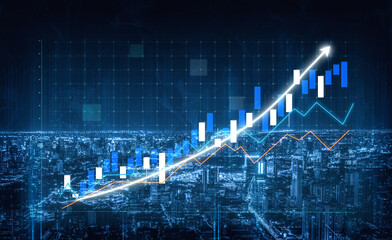 A dynamic visualization of financial growth featuring bar charts and an upward arrow against an urban cityscape, symbolizing progress. Impute