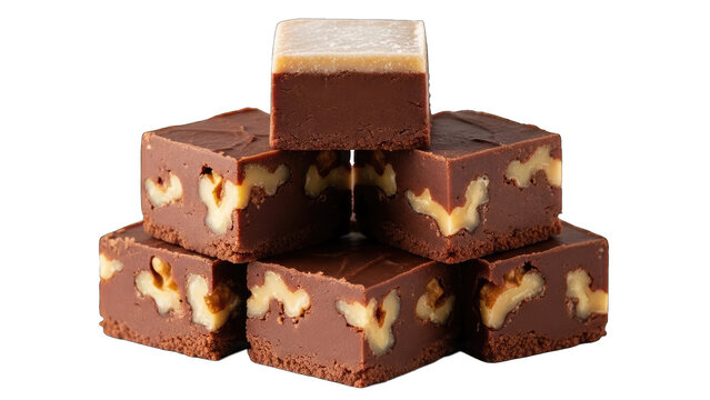 Stack of rich chocolate fudge squares with walnut pieces isolated on transparent background