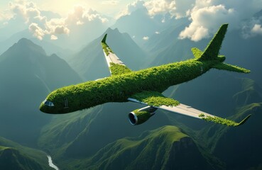 Naklejka premium Conceptual airplane covered in green plants flies over mountains. Symbol of sustainable aviation, eco friendly travel, future transport. Represents clean energy innovation for flights with zero