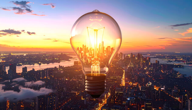 Bright Idea Illuminates Cityscape at Sunset - Innovation and Energy. - Powered by Adobe