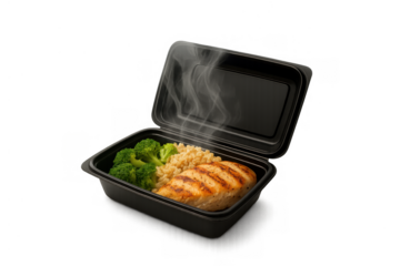 Freshly grilled chicken breast with broccoli and brown rice in an open meal prep container, steaming hot, transparent background