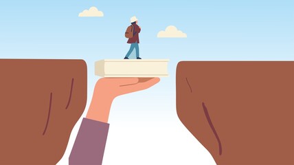 A powerful concept illustration showing how books bridge the gap between knowledge and destruction, 