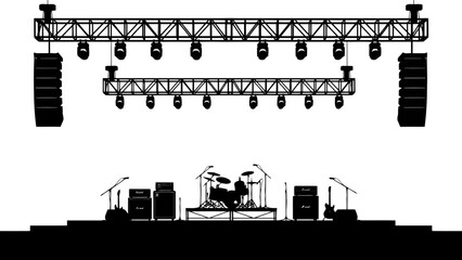 Set of ten stage lights and speakers isolated on white background with sharp studio lighting