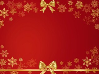 Simple red background displaying golden snowflakes, ribbon, and bows for christmas or holiday greetings