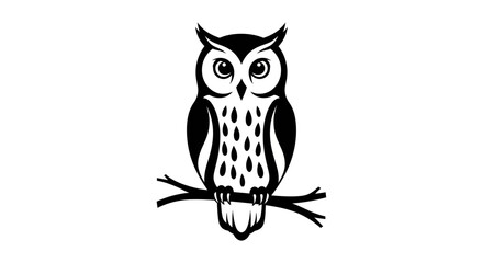 Black and white owl illustration perched on a branch isolated design