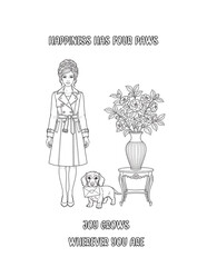  Dachshund, Romantic floral dog coloring pages with women and puppies, heart backgrounds, flowers, and cute pets for adult coloring books
