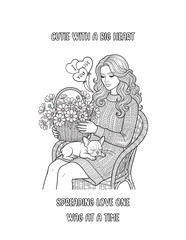 French Bulldog, Romantic floral dog coloring pages with women and puppies, heart backgrounds, flowers, and cute pets for adult coloring books
