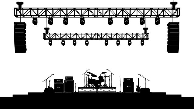 Set of ten stage lights and speakers isolated on white background with sharp studio lighting