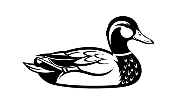 Black and white illustration of a duck on a white background vector design