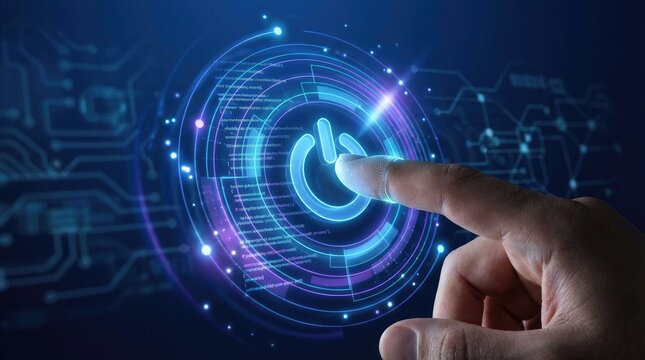 Hand touching a glowing power button on a dark blue technological background with circuits finger technology