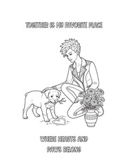 Rottweiler, Romantic floral dog coloring pages with women and puppies, heart backgrounds, flowers, and cute pets for adult coloring books
