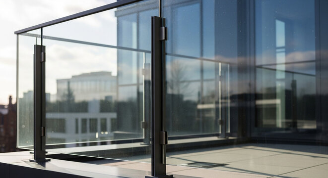 Sleek modern glass balcony railing offers stunning unobstructed views of the contemporary city skyline at sunset