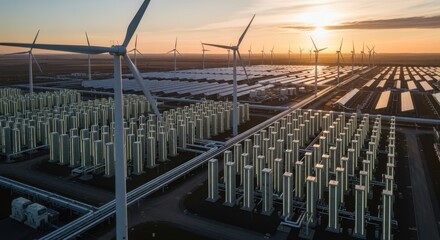 Elevated view of modular direct air capture installation featuring rows of sorbent regeneration cells integrated into renewable energy grid.