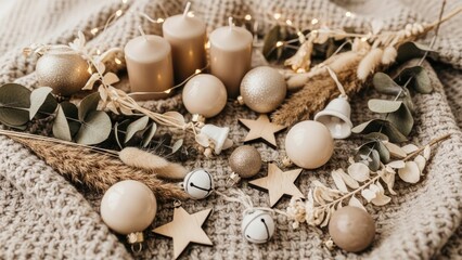 Elegant Neutral Christmas Flatlay with Cozy Winter Decorations and Fairy Lights