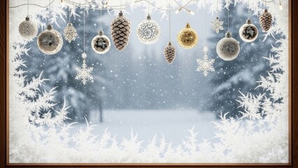 Festive Christmas Window View with Snowy Forest, Frosted Glass, and Holiday Ornament Decorations