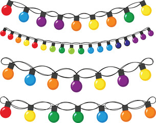 Christmas light string icon set, colorful festive bulbs in straight and looping arrangements, holiday decoration clipart bundle