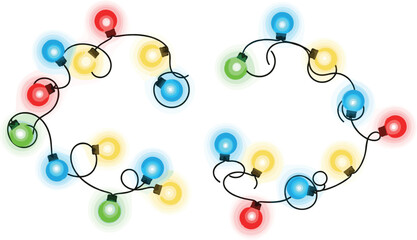 Christmas light wreath icon set, festive circular bulb arrangements with glow effects, holiday decoration clipart bundle